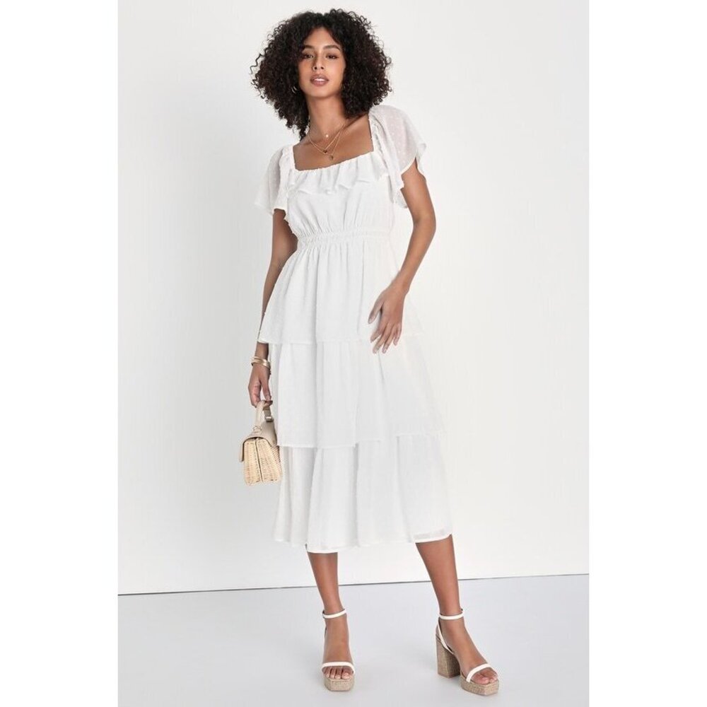 Lulus Impeccable Charm Ivory Swiss Dot Tiered Ruffled Midi Dress White - Size M